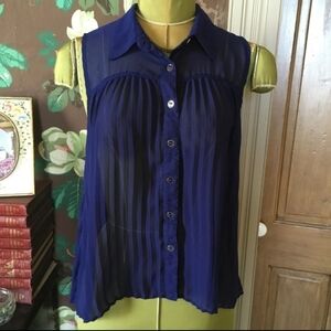 MINE Royal Blue Sheer Pleated Button Up Top